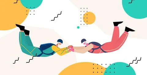 Senior couple flying down during skydiving jump aged skydivers floating in air Stock Illustration