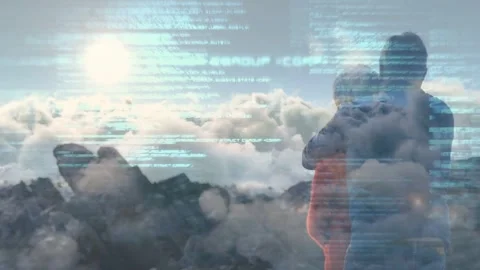 Senior couple hugging ridge, drifting overlay casting cyan lines, creating tech Stock Footage 333774333