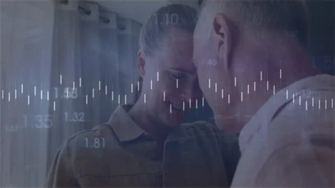 Senior couple leaning foreheads causing health monitoring waveform pulsing data 库存影片 310153827
