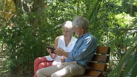 Senior couple looking at tablet computer in a park Stock Footage 91710968