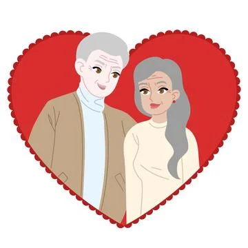 Senior Couple in Love Flat Vector Illustration, Elderly People Romantic Portrait Ilustración de archivo