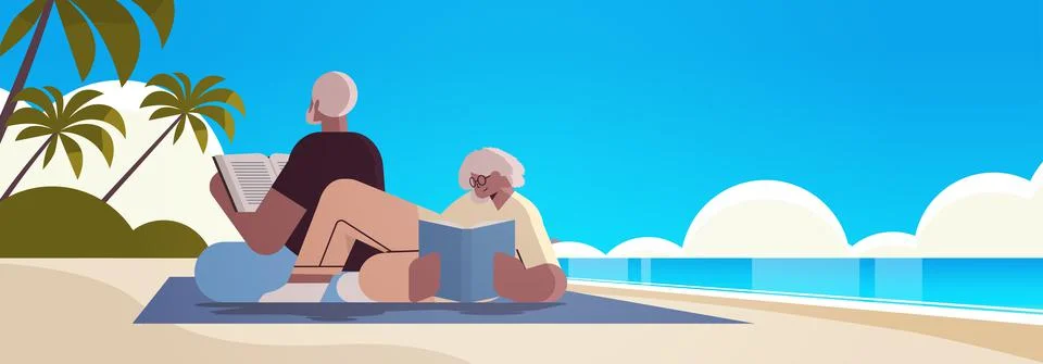 Senior couple reading books at beach old man and woman family spending time Stock Illustration