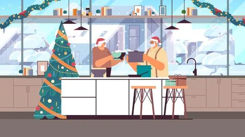 Senior couple in santa hats cooking together in kitchen christmas dinner Stock Illustration