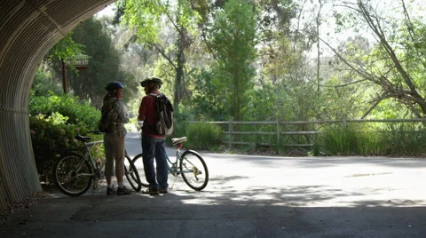 Senior couple standing with bikes talking to each other Video stock 49610188