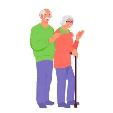 Senior couple standing hugging, flat vector illustration isolated on white. Stock Illustration