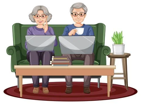 Senior couple using laptop at home 库存插图
