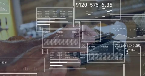 Senior customer bringing phone to reader, tapping, retail data overlays Stock Footage 328446669