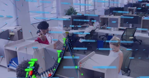 Senior developer and UX designer working in tech office, showing floating data Video stock 307432468