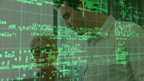 Senior developer glancing at HelloWorld code overlay as engineer tapping laptop Stock Footage 317206722