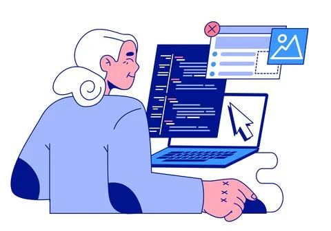 Senior developer. Old woman programming and coding. Developing 스톡 일러스트