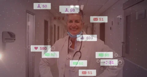 Senior doctor posing corridor after particle drift causing social media icons Video stock 314473434