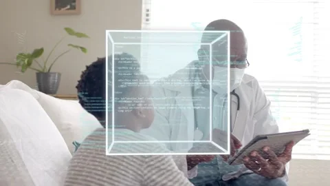Senior doctor tapping tablet causing 3D cube growth between them, showing health Stock Footage 333211024