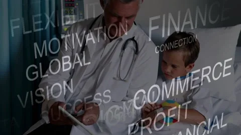 Senior doctor tapping tablet as drifting text appears guiding patient touching Stock Footage 334182790