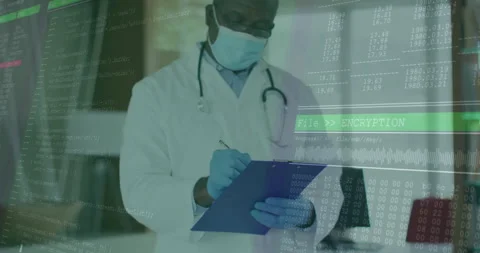 Senior doctor writing notes causing encryption graphics filling medical office Stock Footage 311604218