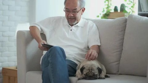 Senior elder man  using digital tablet computer modern tech relax on sofa wit Stock Footage 153340105