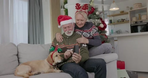Senior elderly couple having video call over mobile phone celebrating Christmas 스톡 동영상 163944259