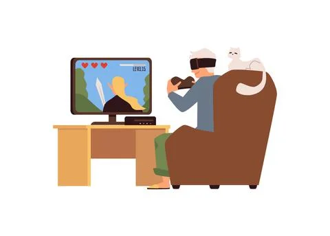 Senior elderly man playing video computer game flat vector illustration isolated Stock Illustration