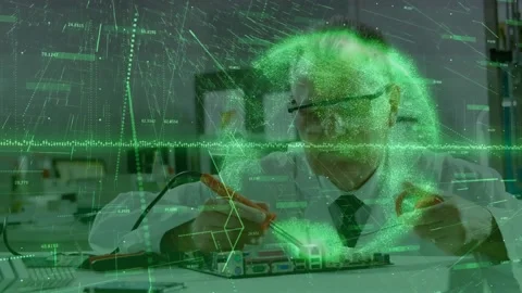 Senior electronics technician leaning forward placing probes on PCB testing data Stock Footage 330563477