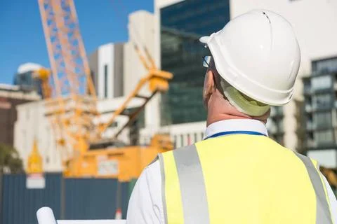 Senior engineer Back view of construction engineer in hardhat looking at b... Foto stock