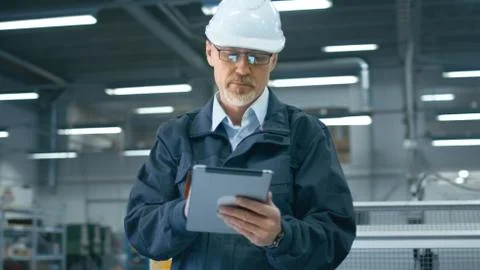 Senior engineer in hardhat is using a tablet computer in a factory. Stock Photos