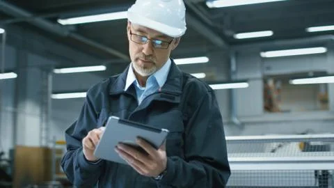 Senior engineer in hardhat is using a tablet computer in a factory. Stock Photos