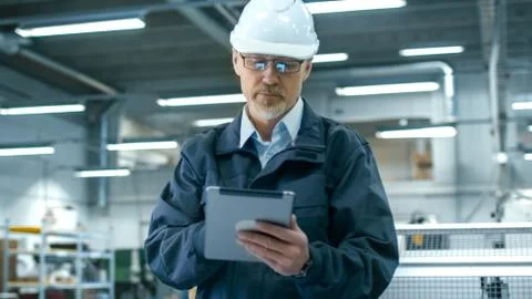 Senior engineer in hardhat is using a tablet computer in a factory. Stock Photos