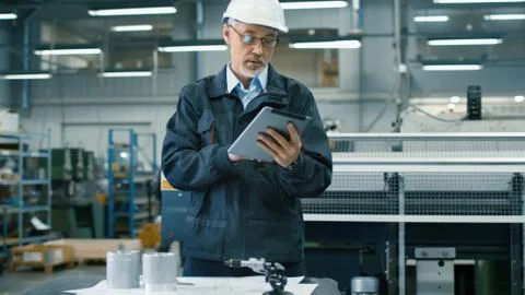 Senior engineer in hardhat is using a tablet computer in a factory. Stock Photos