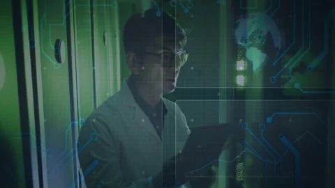 Senior engineer holding tablet amid server racks, with holographic globe and Stock Footage 326881701