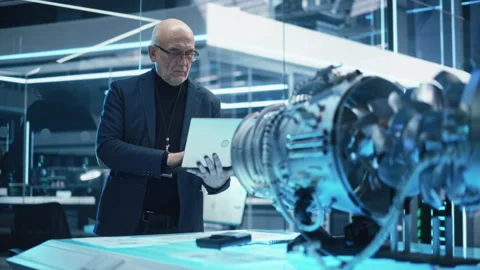 Senior Engineer with Laptop Developing Turbine Engine Video stock 229843301