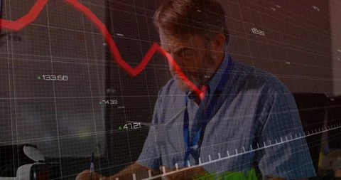 Senior engineer lifting rotor model and rotating as finance chart fading and Stock Footage 313725010