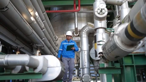 Senior Engineer Performing Daily Inspection in Oil Refinery Production Area 4K Stock-Footage 337941589