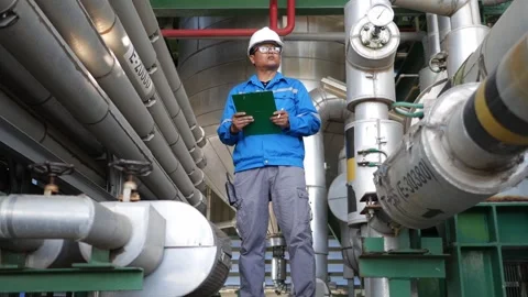 Senior Engineer Performing Daily Inspection in Oil Refinery Production Area 4K Stock-Footage 337941592