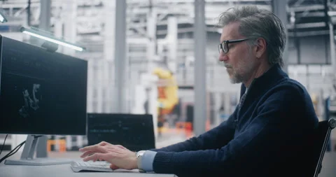 Senior Engineer Typing Dual Screen Workstation, Monitoring 3D Robotic Model on Stock Footage 325429201