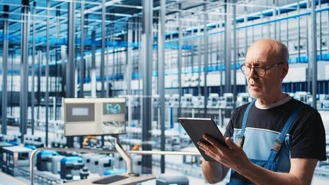 Senior engineer using tablet in smart solar panels manufacturing factory Stock Photos