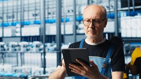 Senior engineer using tablet in smart solar panels manufacturing factory 写真素材