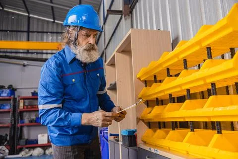 Senior engineer worker working finding equipment tools store. Managing box .. Stock Photos