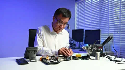 Senior engineer working on computer hardware diagnostics at modern workstat.. Stock Footage 312773640