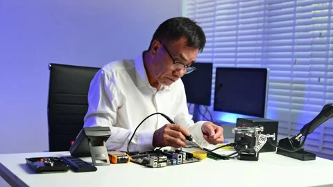Senior engineer working on computer hardware diagnostics at modern workstat.. Stock Footage 312773735