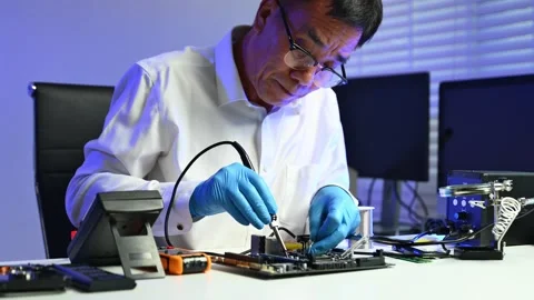 Senior engineer working on computer hardware diagnostics at modern workstat.. Stock Footage 312773817