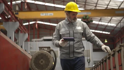 Senior experienced technician checking large machine gears Stock Footage 317904202