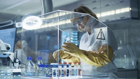 Senior Female Epidemiologist Works with Samples in Isolation Glove Box.  Stock Footage 75527767
