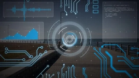 Senior female sitting on bench, system detecting and activating tech HUD reticle Stock Footage 334351699