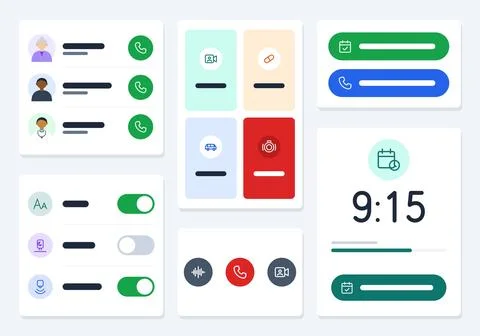 Senior friendly mobile app interface elements with contact call list, toggle Stock Illustration