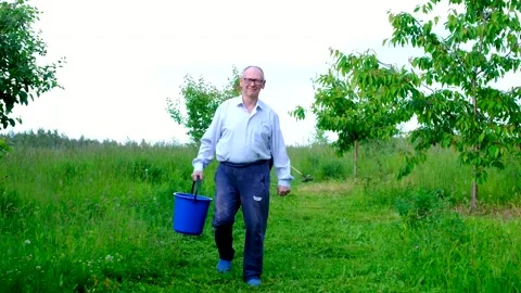 Senior gardener returning from vegetable garden with empty bucket and showing Stock Footage 345328469