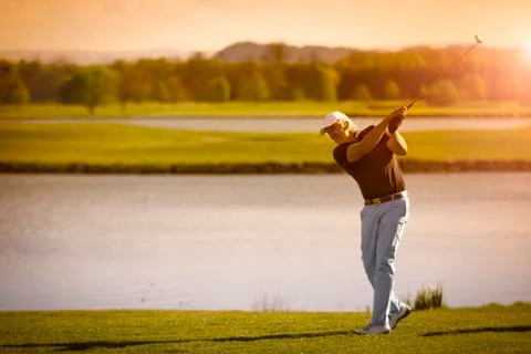 Senior golf player with copyspace. Foto stock
