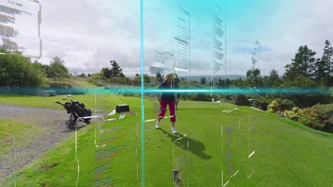 Senior golfer placing ball on tee, swinging driver while HUD grid guiding shot Stock Footage 333689428