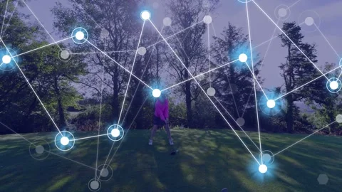 Senior golfer preparing swinging driving ball toward fairway, expanding node net Stock Footage 332956301