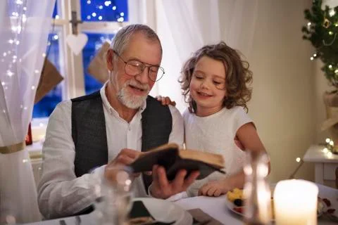 Senior grandfather with small granddaughter indoors at Christmas, reading Bible. Stock Photos