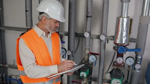 Senior gray haired Engineer checking Condenser Water pump and pressure gauge, Stock Footage 256033864