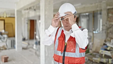 Senior grey-haired man architect stressed taking off hardhat at constructio.. 스톡 동영상 245552019